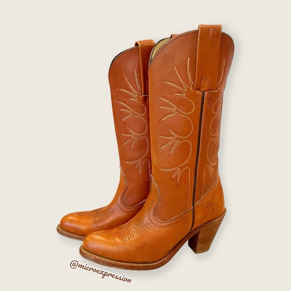 1980 VINTAGE Frye Leather Cognac Tree Art Embroidered Cowboy Heeled Western Boot